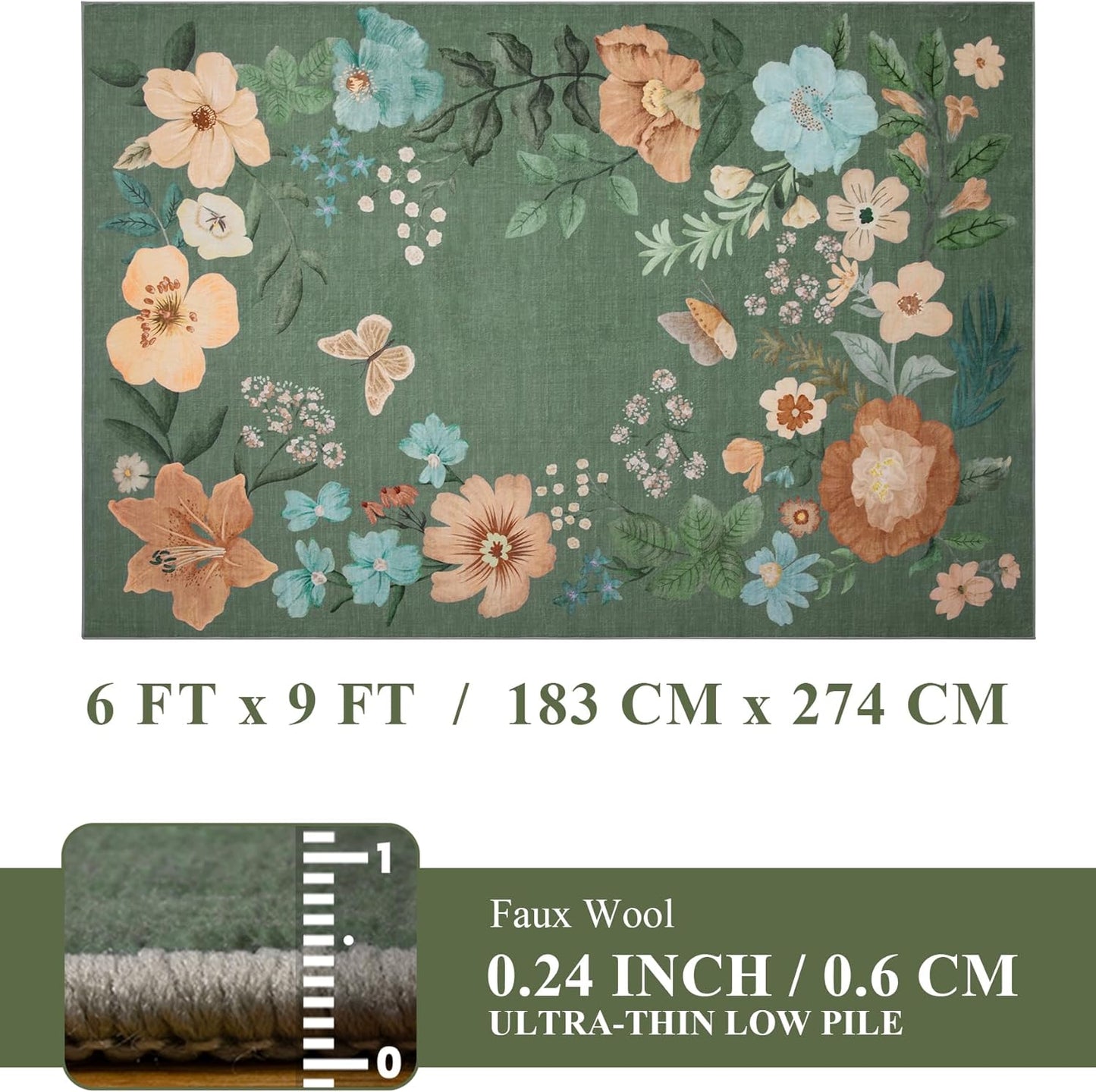 Floral Green Washable Area Rugs