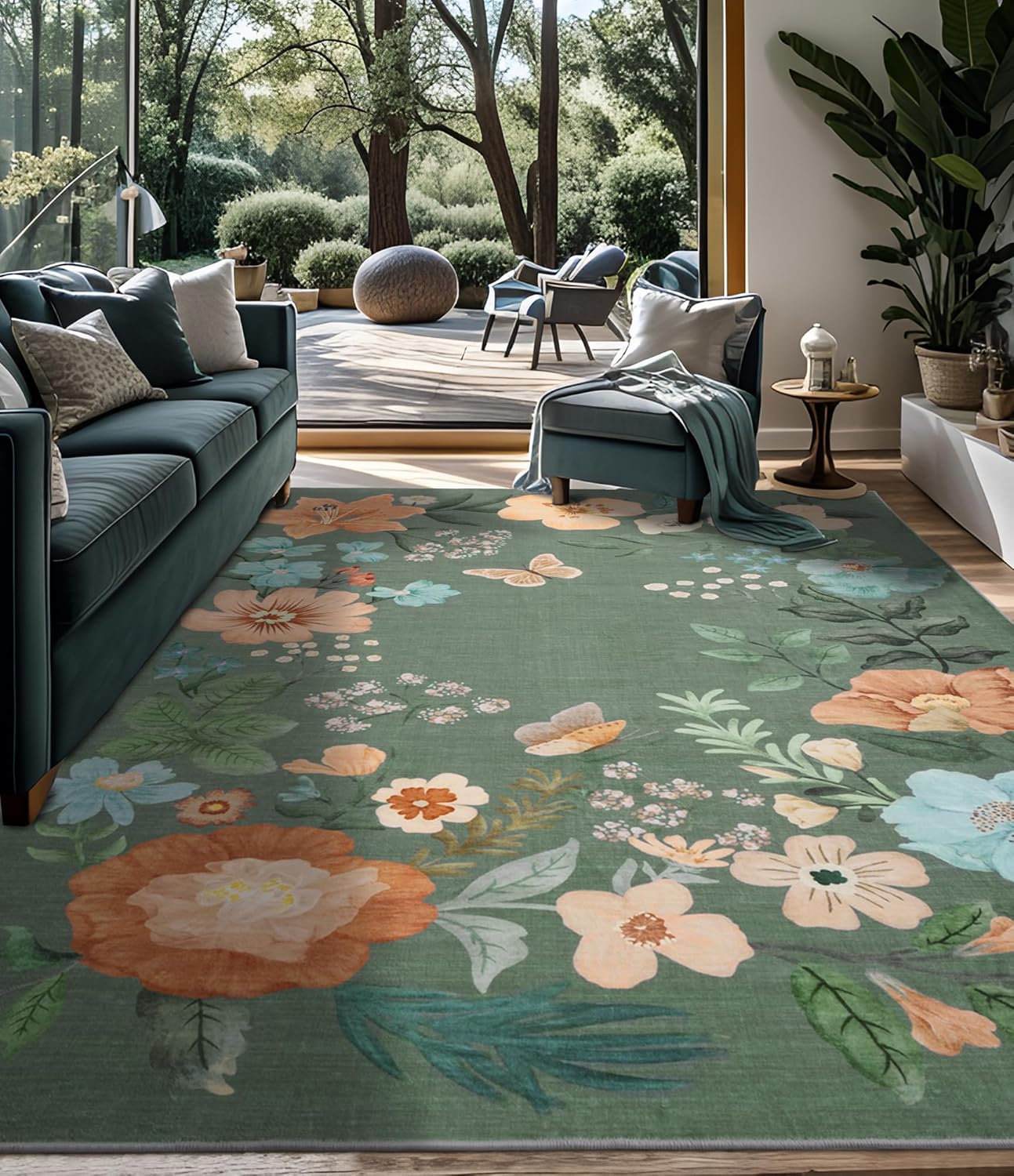 Floral Green Washable Area Rugs