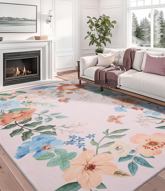 Floral Pink Washable Area Rugs