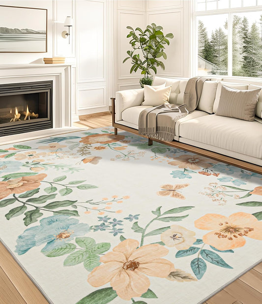 Floral Beige Washable Area Rugs