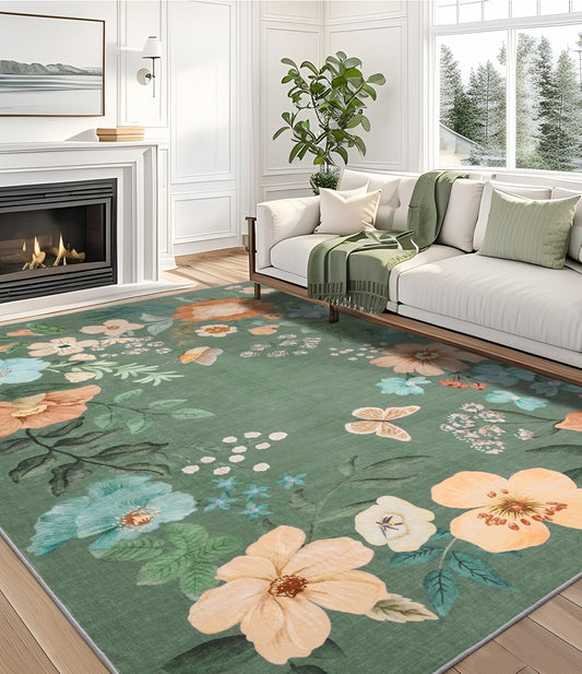 Floral Green Washable Area Rugs